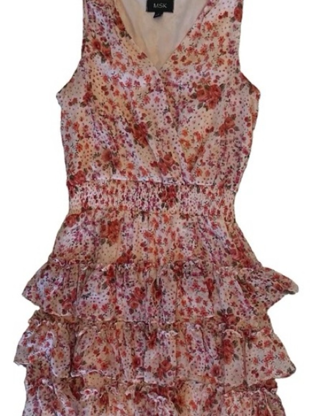 MSK Floral Tiered Mini Dress Small Sleeveless V-Neck Smocked Waist Ruffles